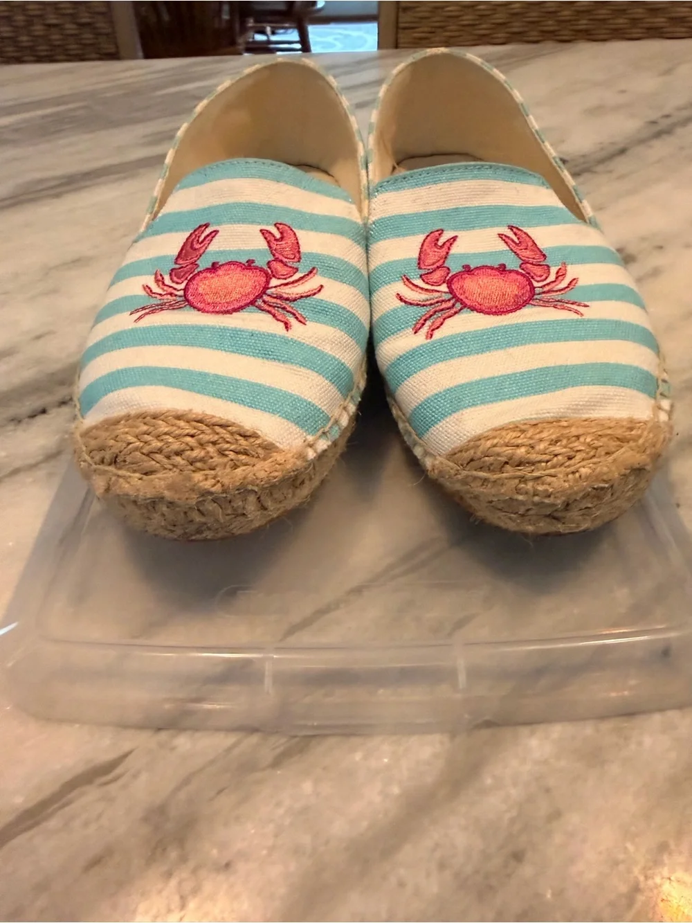 Talbots Aqua & White Striped Espadrilles with Pink Crab Embroidery